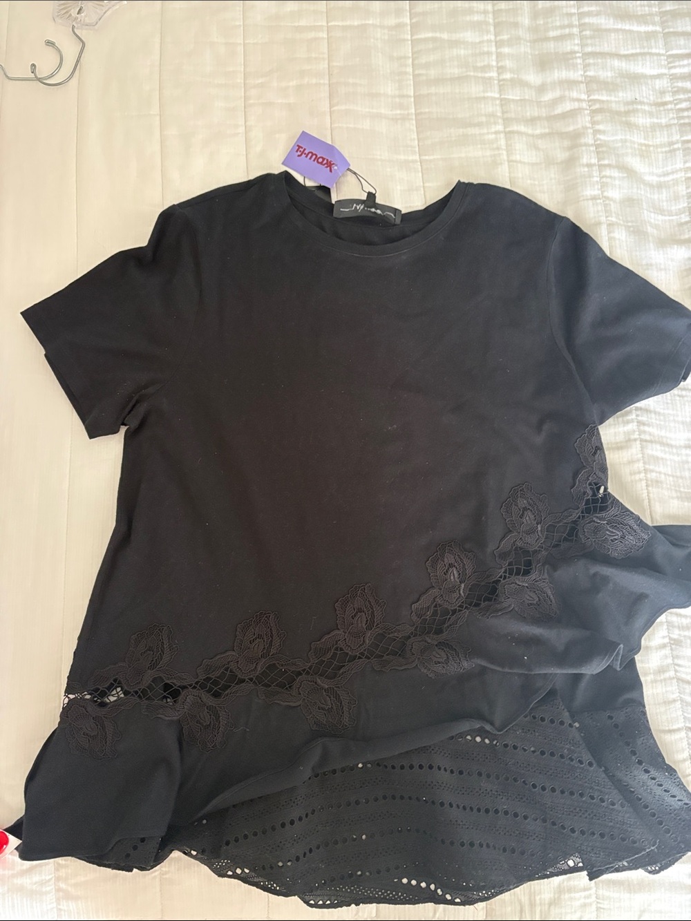 Thakoon Black Short Sleeve Tee with Lace Floral Panel
